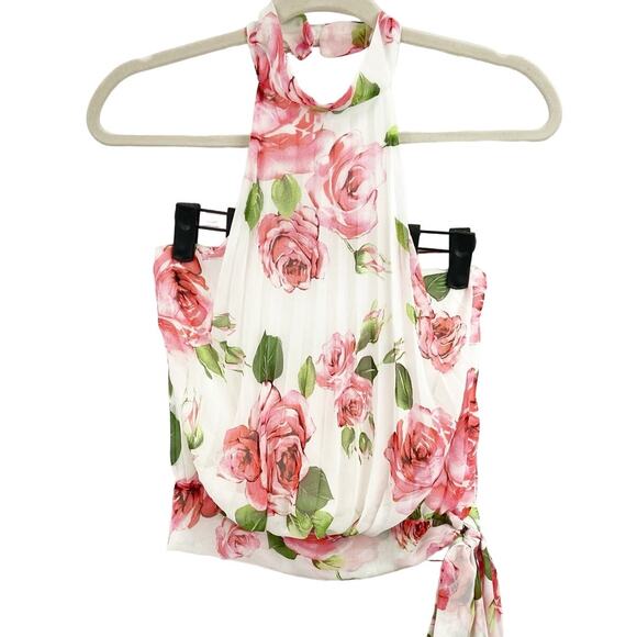 Windsor S White Pink Floral Chiffon Pleated Halter Backless Side Tie Blouse Top - Picture 3 of 8